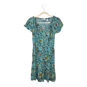 Canyon Retreat Turquoise Blue Floral Flutter Sleeve Casual Dress XXS